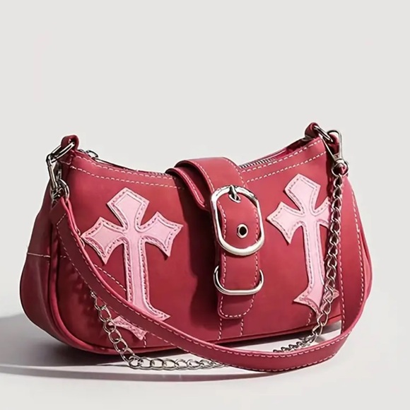 🆕 Y2K Style Satchel Handbag, Vegan Leather Bag -  Chain & Gothic Cross Accents - Picture 8 of 10